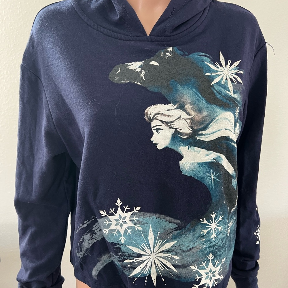 Disney Navy Elsa Pullover Hoodie with Icy Teal Graphics Sz L Gently Used